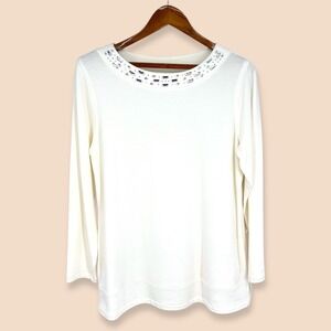 Susan Graver Fleece-Back Knit Top Size M Ivory Rhinestone Embellished Tunic‎ NEW